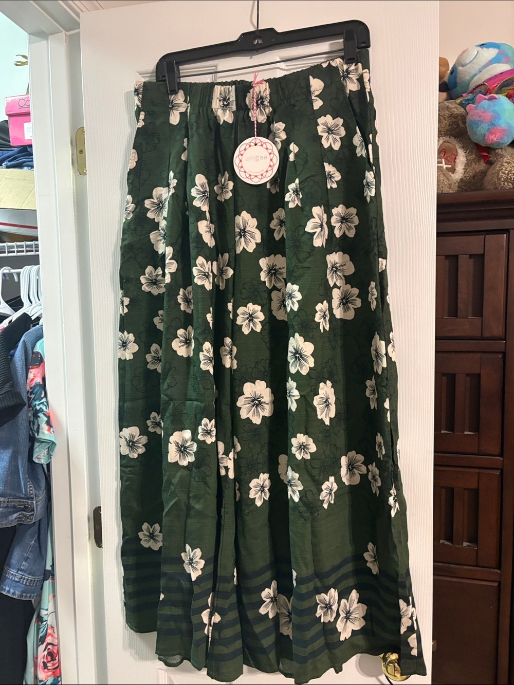 Umgee Dark Green Floral Maxi Skirt with White Flowers